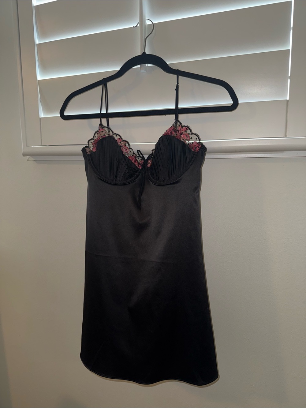 For Love And Lemons Black Satin Chemise with Pink Lace Accents